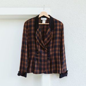 80's Brown Plaid Collared Blouse